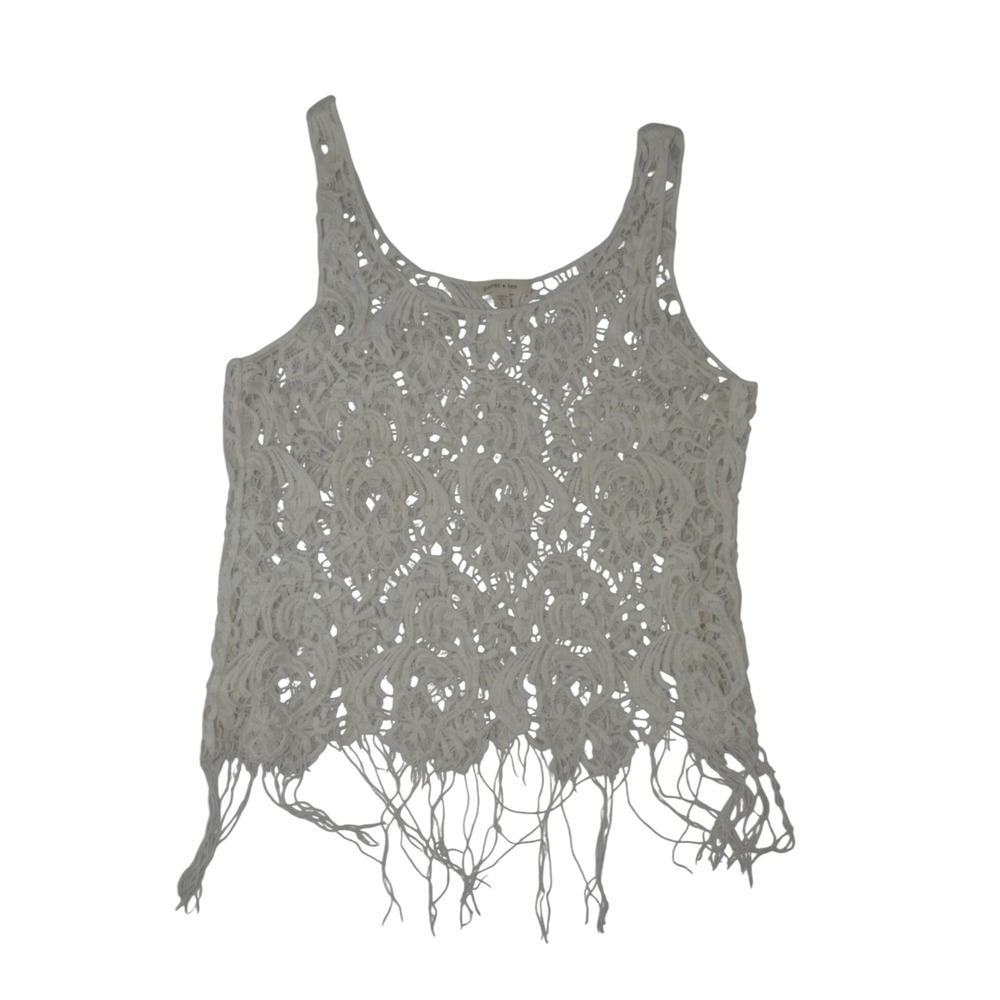 Paper + Tee Womens Cream Floral Lace Fringe Hem Tank Top Size L Scoop Neck Boho